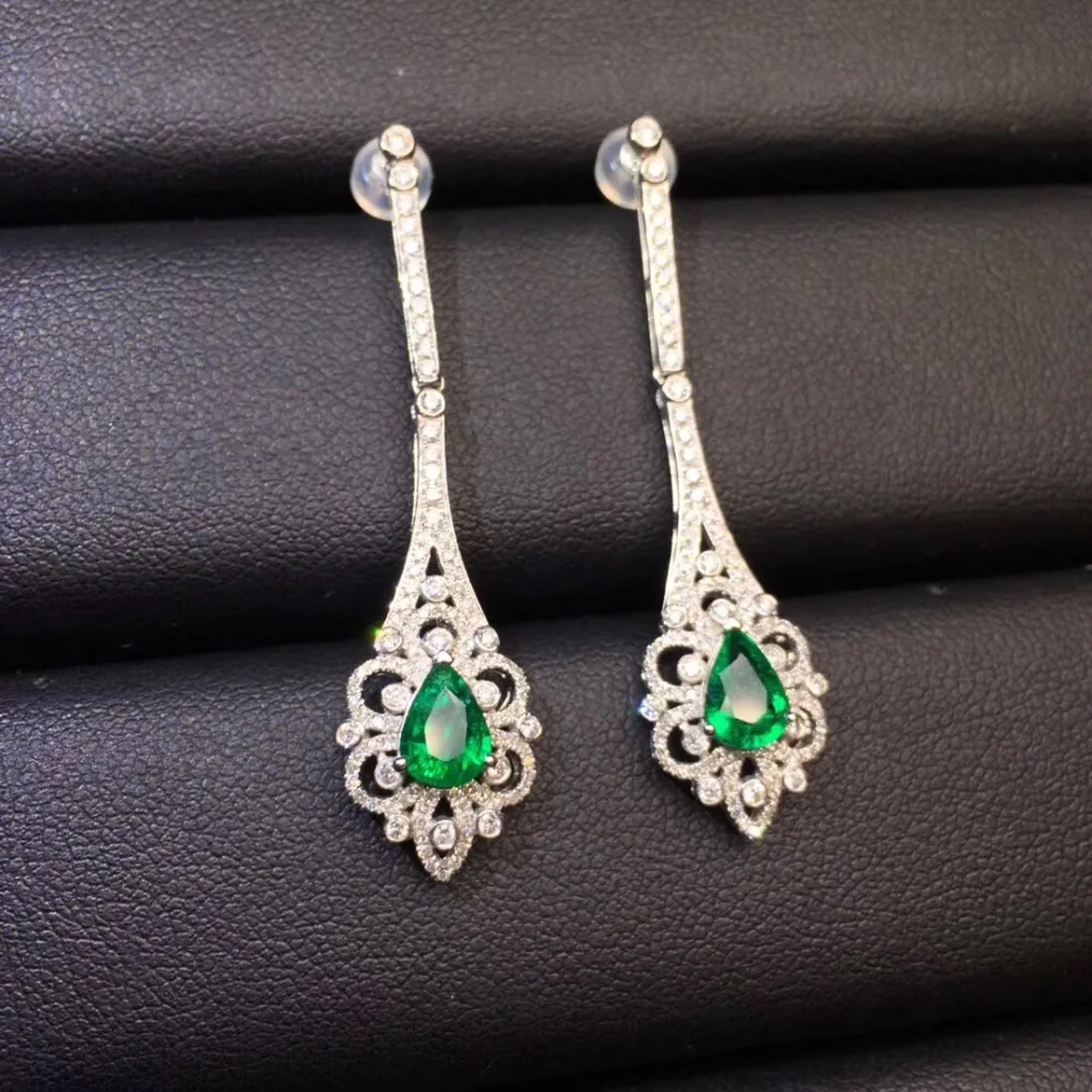 Изумрудные серьги настоящие хорошие драгоценности 18K Золото Зеленый Изумруд 1.32ct драгоценные камни бриллианты серьги-подвески для женщин тонкие серьги