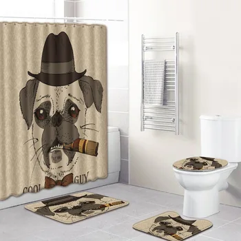 

Cartoon Animal Dog Elephant Mat Shower Curtain Non-Slip Mat Carpet Cover Toilet Cover Bath Mat Pad Set Bathroom Curtain