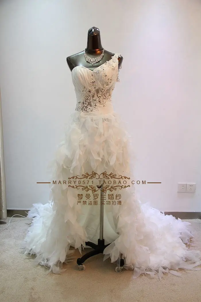 

free shipping 2016 new arrival vestidos de fiesta elegant one shoulder short front long back appliques unique wedding Dresses