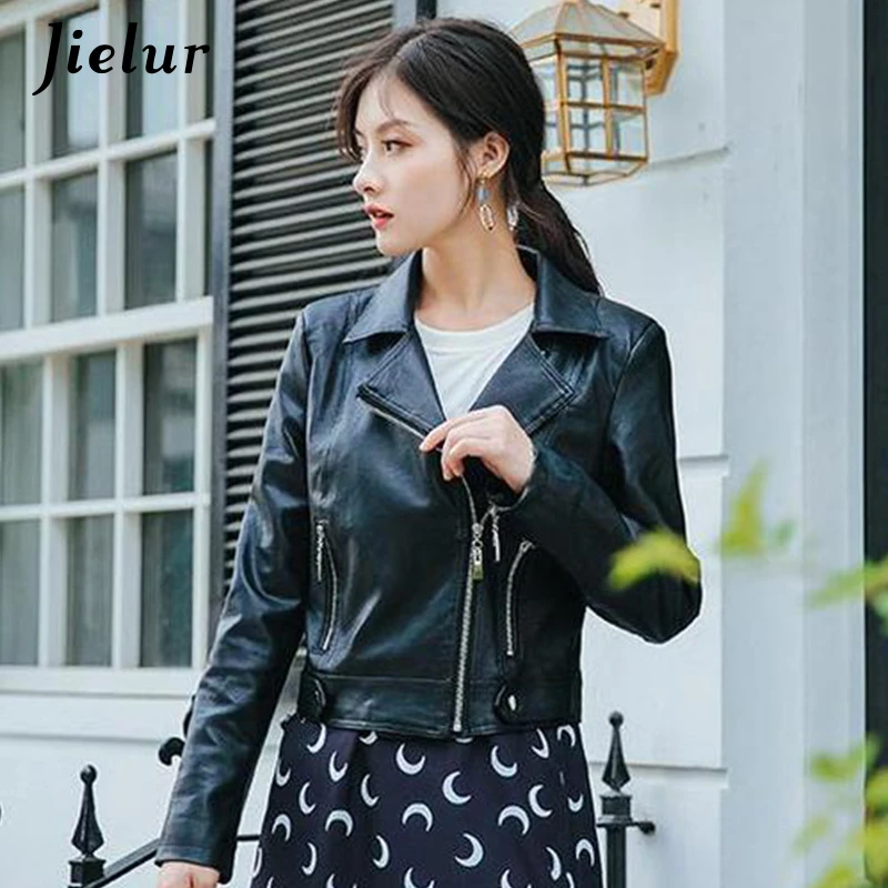 

Jielur Leather Jacket Women 2019 New Black Biker Jacket Solid Color Coat Female Long Sleeve Leather Jackets Basic Coat M-XL