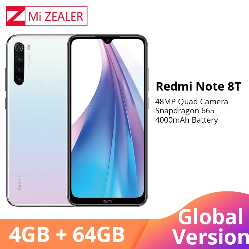 Xiaomi Redmi Note 8T с глобальной версией, 4 Гб ОЗУ, 64 Гб ПЗУ, восьмиядерный смартфон Snapdragon 665, 48MP, 6," экран, мобильный телефон - Цвет: white