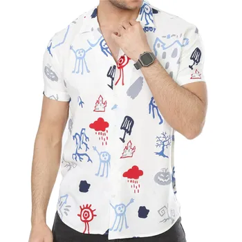 

Men Summer Autumn Casual Shirt Cartoon Tree Cloud Pumpkin Printing Short Sleeve Blouse Male Adults Breathable Lapel Top Clothes