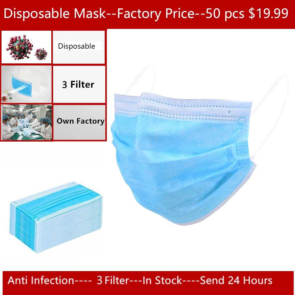 

50pcs Non Woven Disposable Face Mask 3 Layer Disposable Dust 3 Filter Safety Elastic Facial Dust-Proof Safety Masks