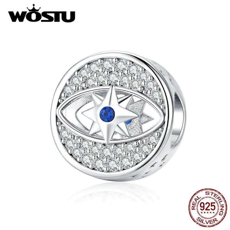Круглые бусины WOSTU Devil Eye, 925 пробы, серебро, голубой циркон, шарм, подходит для оригинального браслета, подвеска, серебро 925, ювелирное изделие, FIC1368