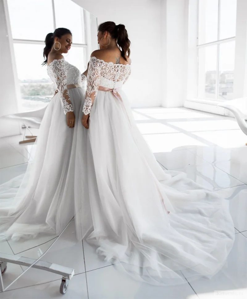 ADLN элегантные свадебные платья больших размеров Vestido De Noiva с длинными рукавами кружевной вырез лодочкой Тюлевое платье невесты Robe De Mariage