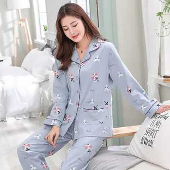 

Pajamas Pajama Set Nightgown 100% Pure Cotton Female Spring Autumn Cotton Long Sleeve Pants Men thin style Couples Homewear