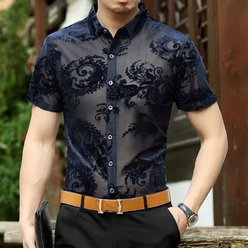 

Summer New Sexy Mens See Through Floral Embroidery Caual Slik Shirt Hollow Out Short Sleeve Party Clubwear Shirts Man Top Camisa