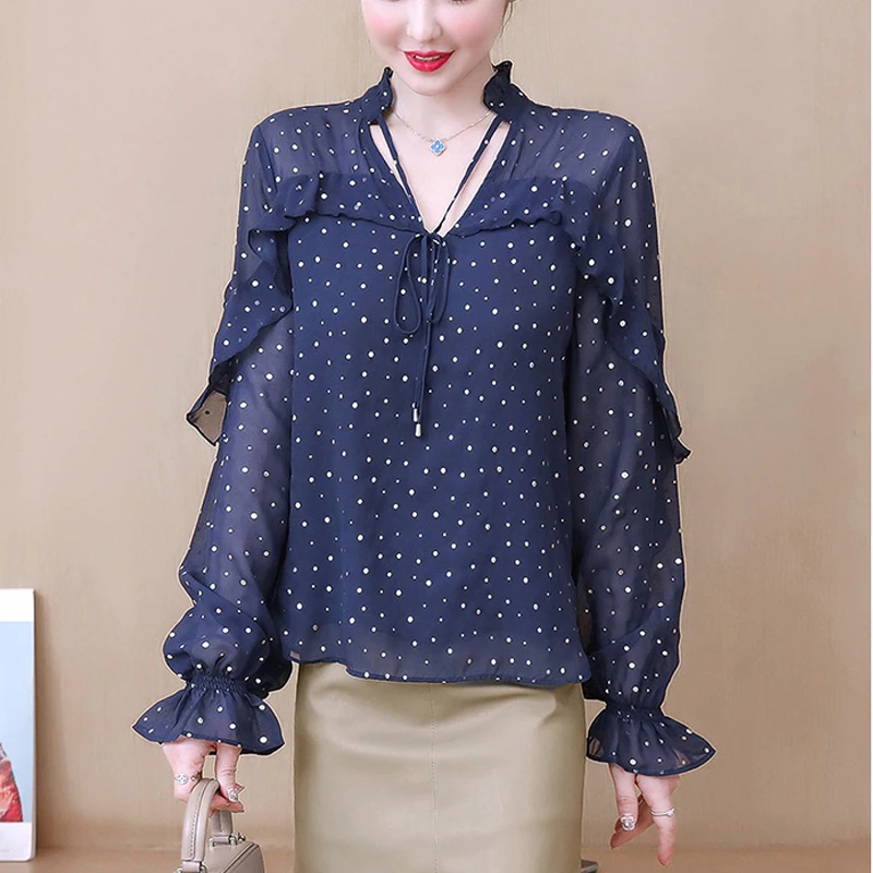 Blusas шифоновая рубашка женская с длинным рукавом новый синий цвет в горошек