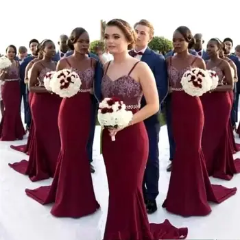 

Spaghetti Straps Mermaid Bridesmaid Dresses 2020 Burgundy Satin Wedding Party Dress Vestidos De Festa Para Senhoras Casamento