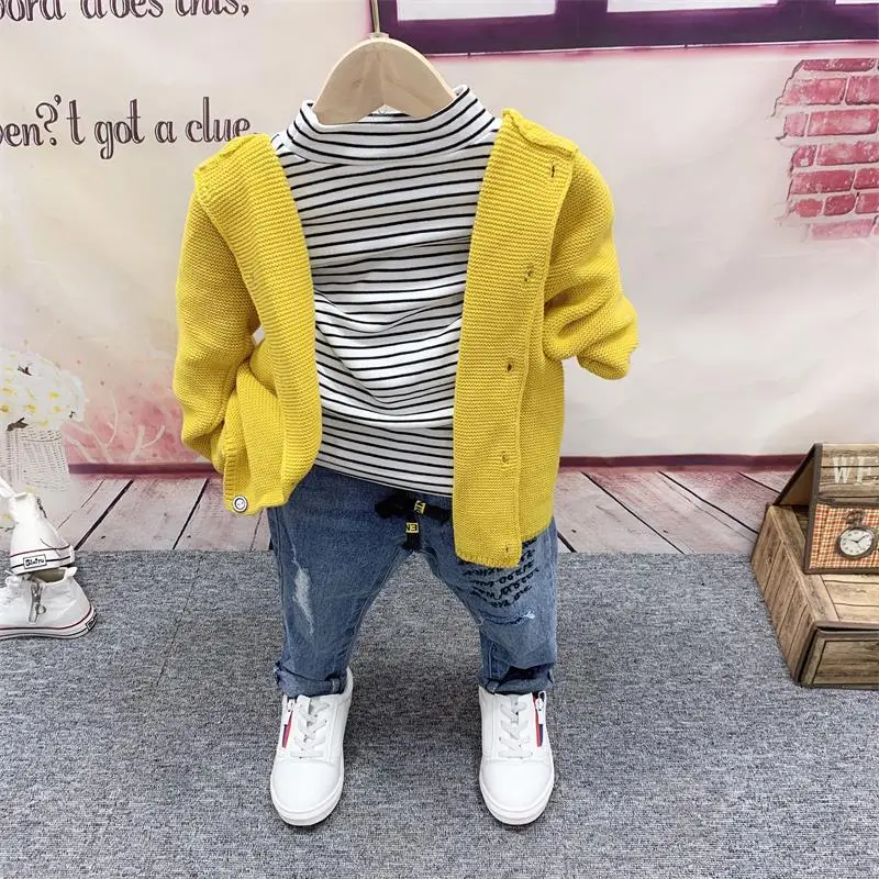 Комплект модной одежды для мальчиков из 3 предметов, детский осенний желтый зеленый свитер футболка в полоску и рваные джинсовый набор детской одежды, 2-7 лет - Цвет: Цвет: желтый