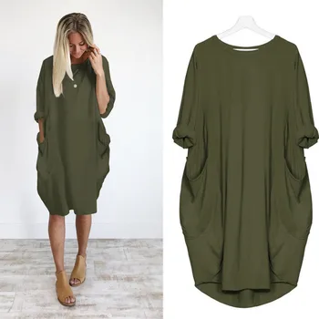

Womens Plus Size Spring Long Sleeve Pockets Hoodie Loose Baggy Midi Dress Solid Color Crew Neck Oversized Loose Tunic Tops #BL5