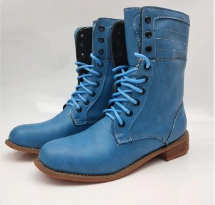 Женские ботинки до середины икры на низком каблуке; chaussure; Винтажные ботинки-гладиаторы на шнуровке; matin; женская обувь; zapatos mujer sapato; w09 - Цвет: blue
