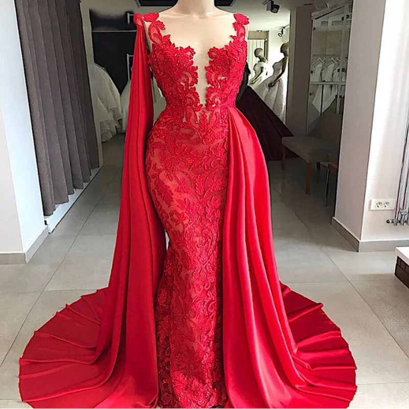 Длинные красные вечерние платья русалки сексуальные прозрачные кружевные женские вечерние платья Abendkleider