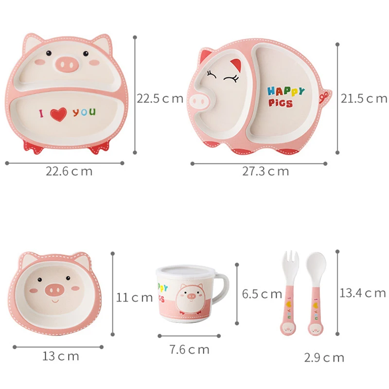 HOT 5-Piece Baby Cutlery Set Bamboo Fiber Cute Cartoon Children Feeding Tableware