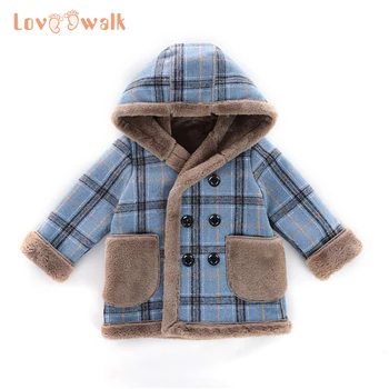 

Children Winter Coats Boys Plush Jacket Baby Warm Lattice Clothing Wool Velvet Hooded Collar Long Coat casaco infantil