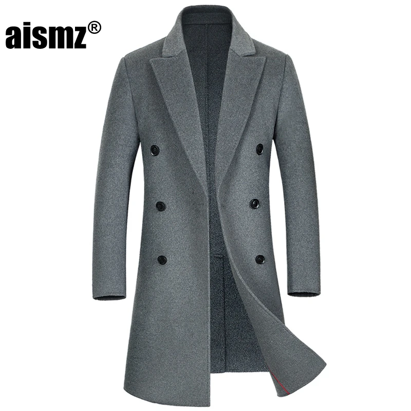 Aismz Mens Double Sided Wool Coat Winter Cashmere Jacket Man Long Section Double Breasted Overcoat Casual European style fashion - Цвет: AZ7338 gray