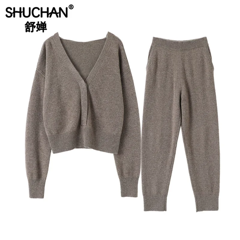 

Shuchan Two Piece Pants Set Women 100% Cashmere Korean Style Women V-Neck Single Breasted Cardigan+pant Matching Sets for Women