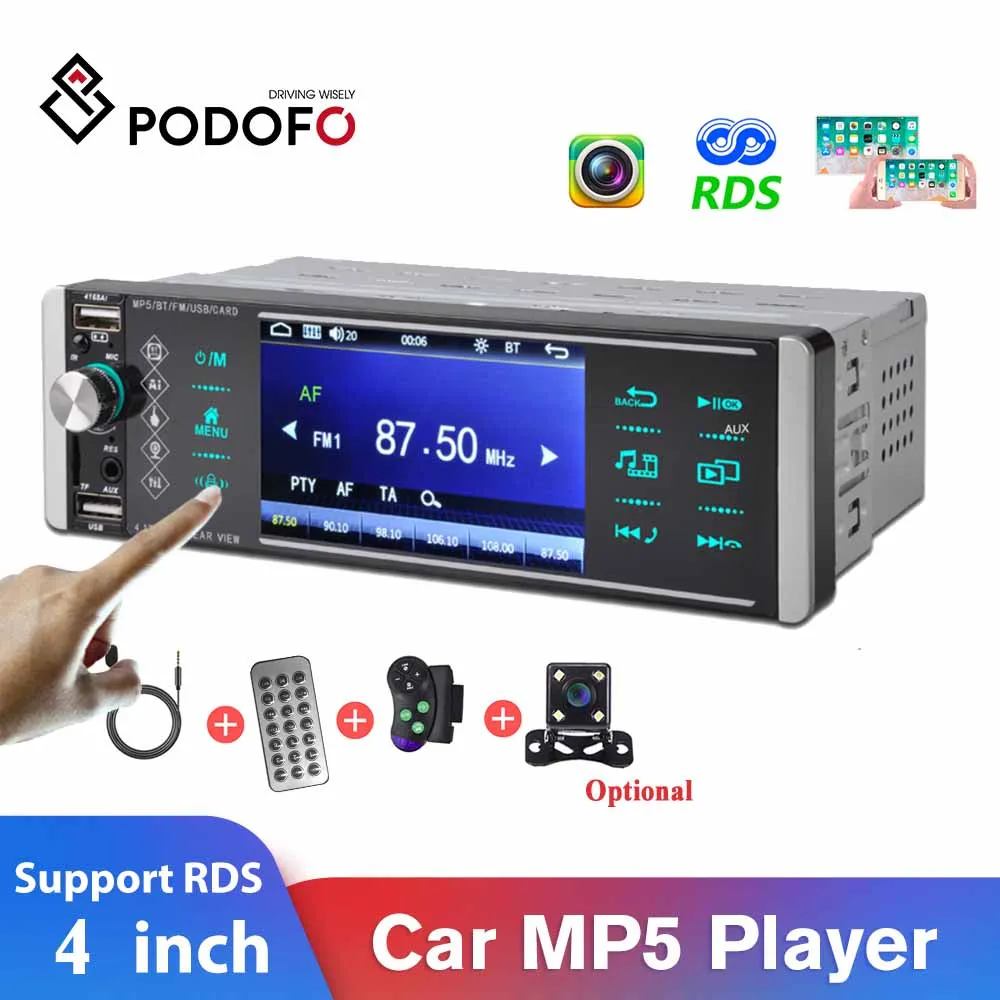 Podofo 1Din MP5 Player Touch Screen Car Radio Bidirectional Interconnection RDS AM FM 4-USB 4 Inch Support Android Mirrorlink