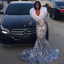 Длинные сверкающие платья для выпускного вечера сексуальное платье русалки с v-образным вырезом и длинным рукавом с серебряными блестками и перьями черное платье для выпускного вечера для девочек