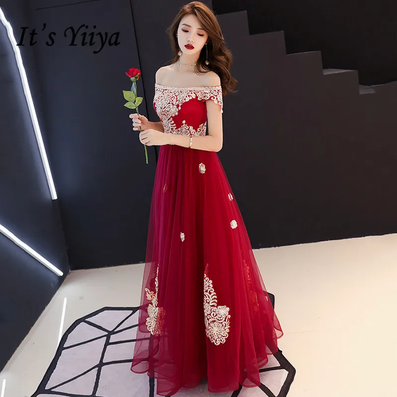 

It's Yiiya Evening Dress Off The Shoulder For Women Long Robe De Soiree Embroidery Gold Lace Formal Party Gowns 2020 K174