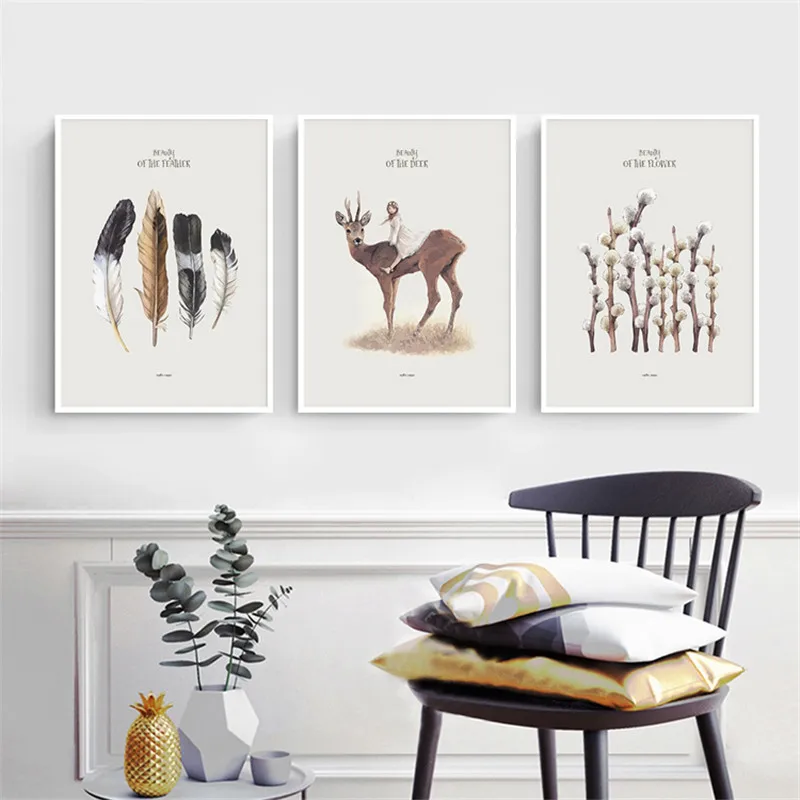 

Amazon Foreign Trade Hot Selling Northern European-Style Elk Feather GIRL'S Branches Cool Home Mural Decorative Painting Core JA