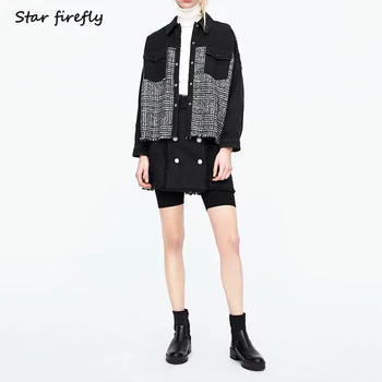 

Star firefly high street wild tassel pocket plaid jacket female 2019 casual loose stitching soft denim jacket women