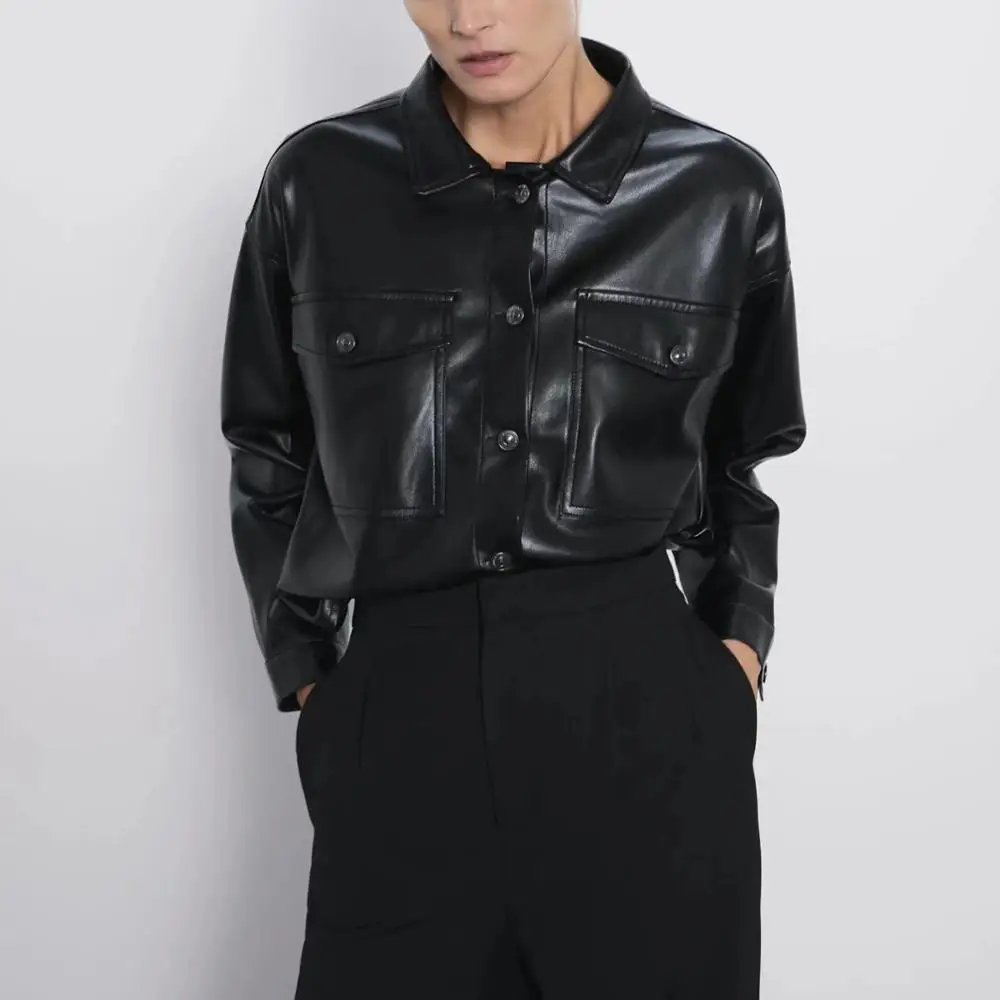 Женская кожаная куртка ZA черная Базовая из искусственной кожи с длинным рукавом