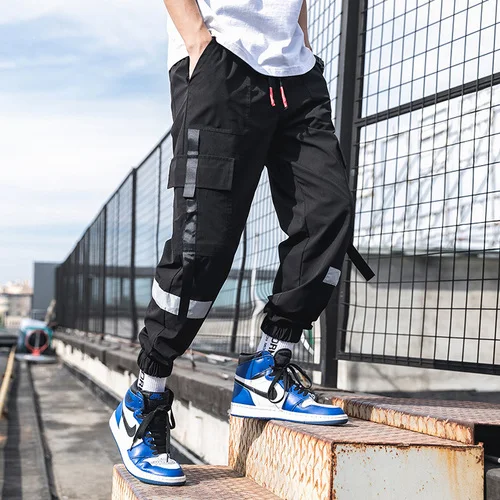 Cargo Pants Men Hip Hop Pockets Ankel-length Pants Male Japanese Streetwear Pants Trousers Casual Joggers Men - Color: Black