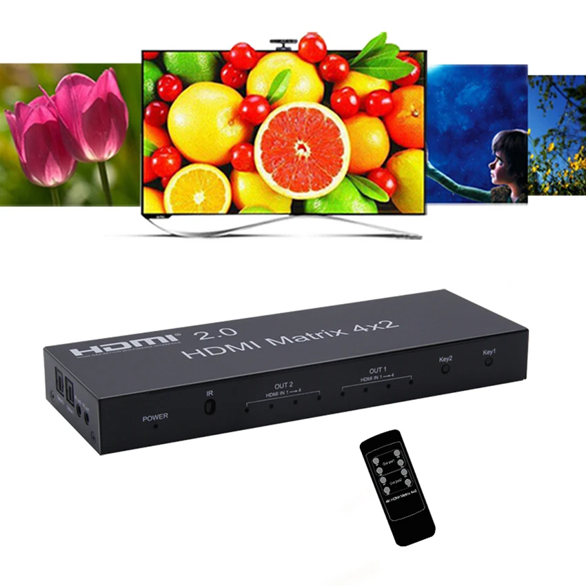 HDMI 2.0 Matrix Switcher 4x2 4K 60Hz HDMI EDID Switch Splitter Converter EDID Dual Audio out Optica