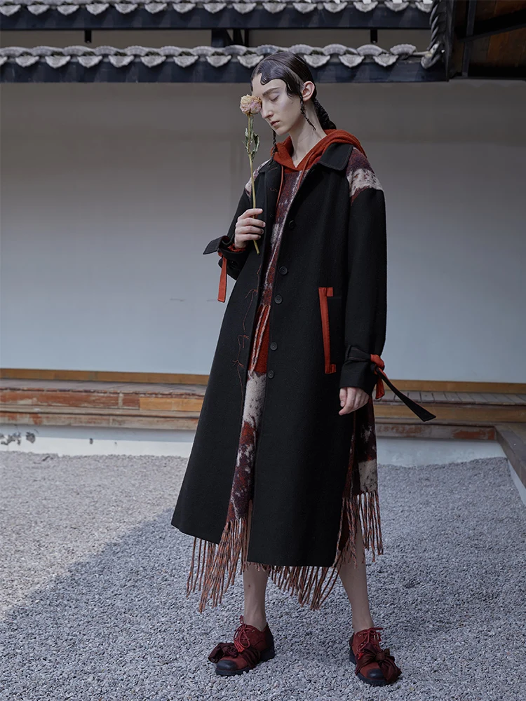 

OriginalDesign AIGYPTOS Autumn Winter Women Vintage Elegant Slim Thick Warm Patchwork Long Woolen Jacket Casual Loose Wool Coat