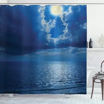 

Ocean Decor Collection, Romantic Full Moon between Clouds Over a Quiet Sea Picture, Polyester Fabric Bathroom Shower Curtain Set