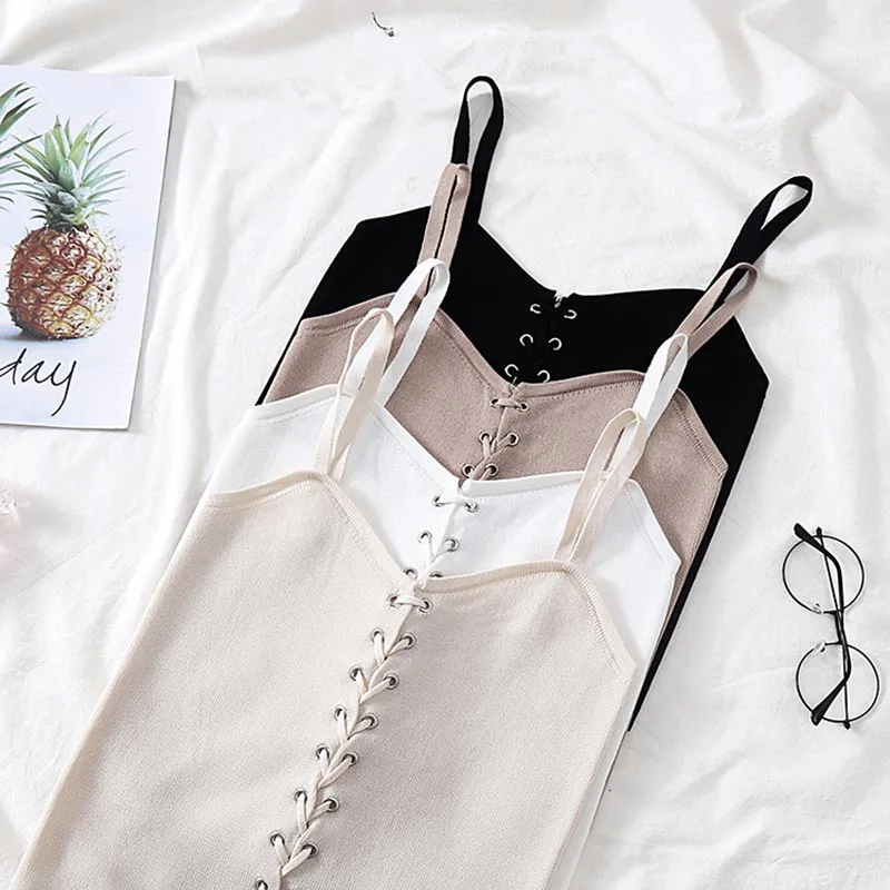 Женский Cami лето Drawstring женский короткий топ с v-образным вырезом жилет белые майки Femme Хлопок Вязание женские свободные топы на бретелях