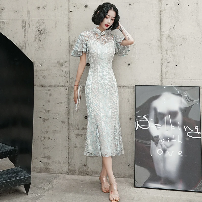 Элегантное тонкое длинное платье Cheongsam с рукавом-бабочкой, изысканное женское кружевное вечернее платье Qipao, длинное платье с воротником-стойкой