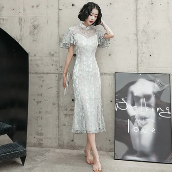

Elegant Slim Butterfly Sleeve Long Cheongsam Exquisite Lady Perspective Lace Qipao Evening Party Gown Mandarin Collar Maxi Dress