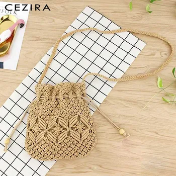 

CEZIRA Small Handmade Knitting Drawstring Bags for Ladies Mini Casual Handmade Roll Bucket Long Strap Shoulder&Crossbody Bags