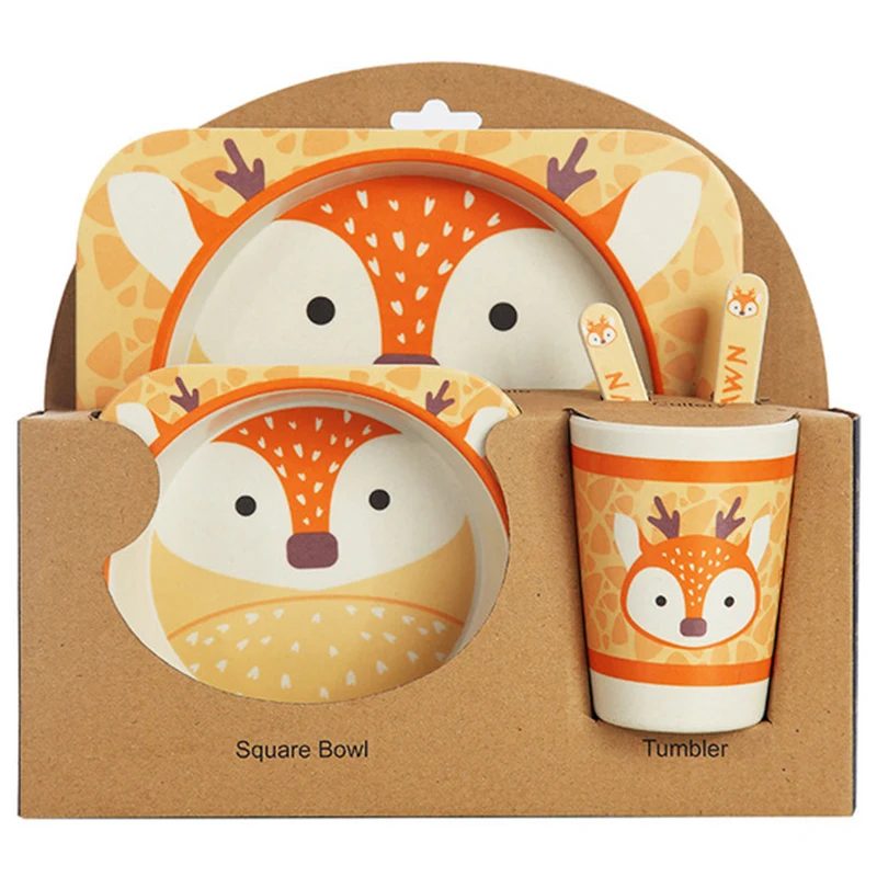 5Pcs/Set Cartoon Animal Plate+Bow+Fork+Cup Baby Dinnerware Feeding Set Bamboo Fiber Lovely Children Container Tableware | Дом и сад