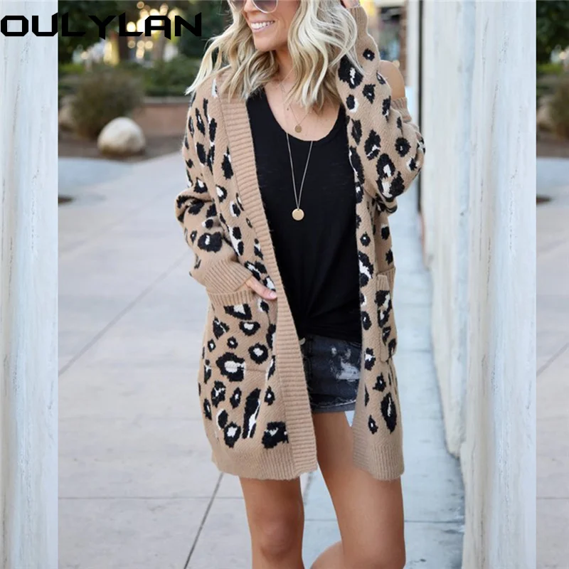 

Oulylan Long Leopard Cardigan Women Long Sleeve Autumn Winter Sweaters Fashion Ladies leopard Sweater Long Coat