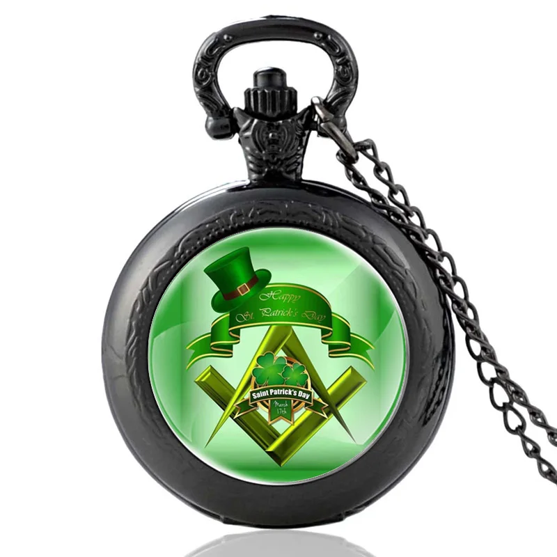 Freemason Four leaf Clover Bronze Quartz Pocket Watch Vintage Pendant Clock Watch Men Women Glass Dome Necklace Best Gifts