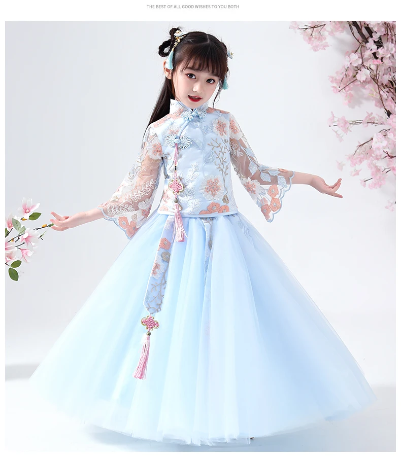 Han Fu/комплект из 2 предметов для девочек; Вышитые Кружевные Платья с цветочным узором для девочек; китайское платье Чонсам для малышей; элегантная традиционная китайская одежда для детей