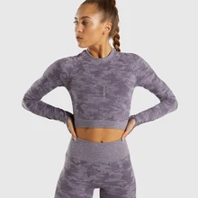 Футболка для спортзала или йоги, Женский Топ для фитнеса, камуфляжный жаккардовый бесшовный топ с длинными рукавами и круглым вырезом, спортивная одежда для бега, топы для тренировок для женщин