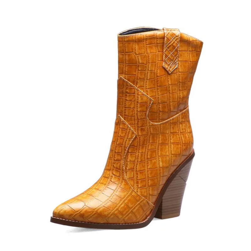 Coolcept Half Short Boots Women European British Style Winter High Heel Boots Pointed Toe Fall Warm Brand Shoes Women Size 34-44 - Цвет: Цвет: желтый