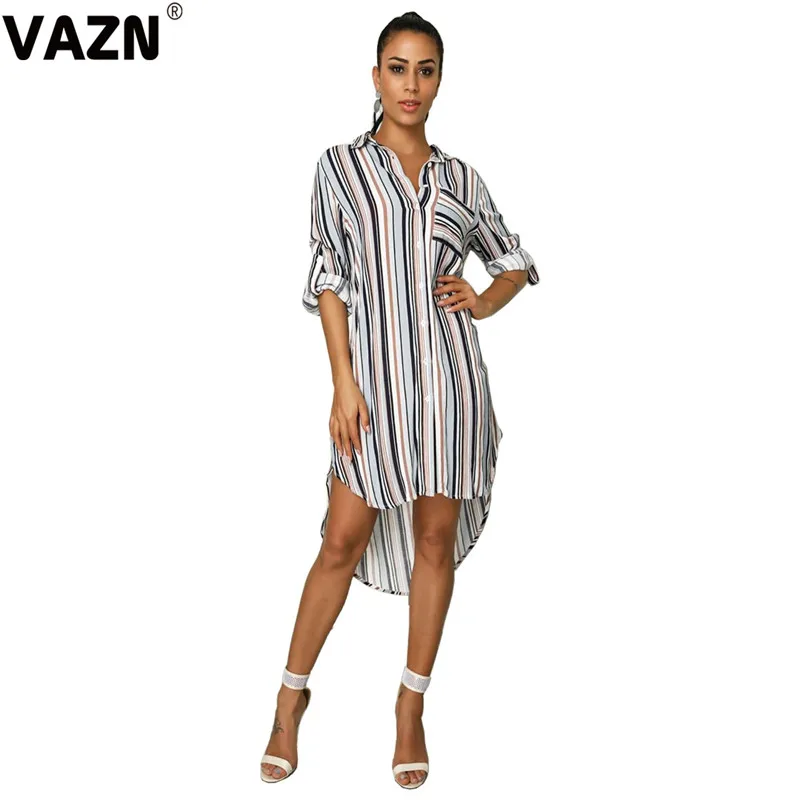 VAZN SM9052 Топ консервативный Классический Полосатый природа Повседневная мода Половина рукава жоржет прямые женские Асимметричные миди платье - Цвет: Хаки