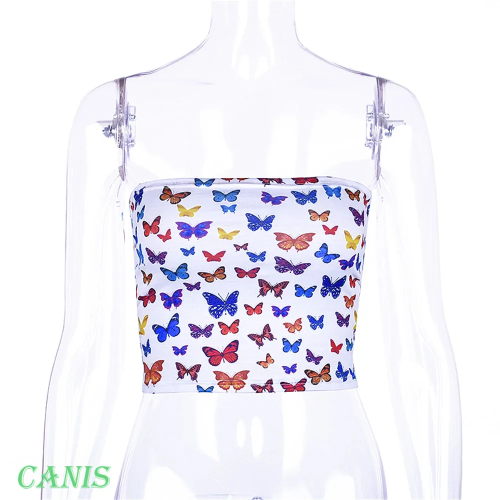 Summer Women Girl Butterfly Print Wrapped Chest Boob Tube Transgender Undershirt Strapless Short Tube Tops Crop Top