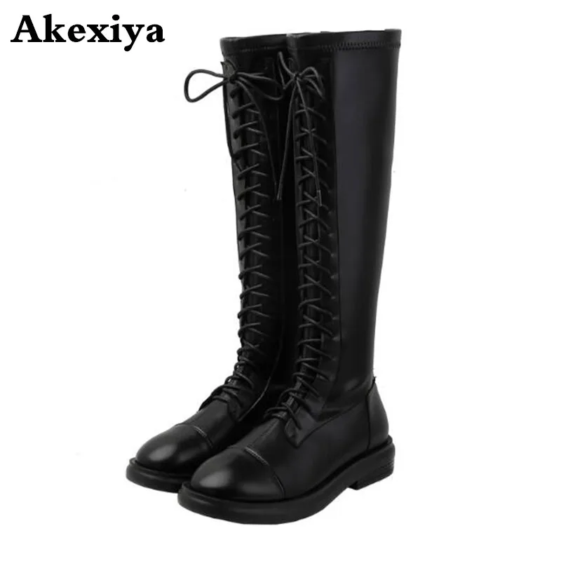 Square Heels Winter Boots Shoes Autumn Genuine-Leather Women Flock Lace-Up Top-Quality