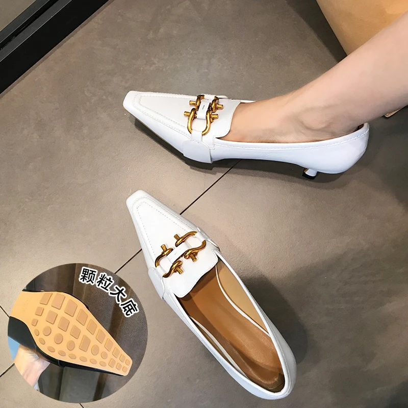 new retro square head deep mouth single shoes women's middle heel  metal buckle crocodile head cat heel