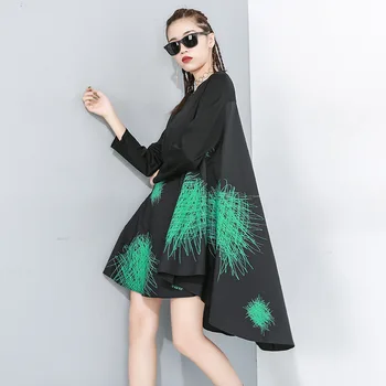 

Plus Size Long Sleeve T Shirt Dress Women 2020 Spring Autumn Black Print Basic Tops Patchwork Irregular Big Hem Stylish Tees