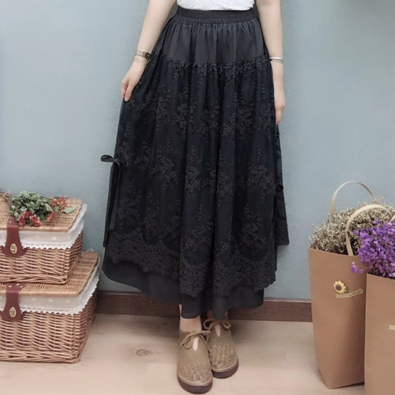 Весенняя юбка из хлопка с кружевной вышивкой и эластичной резинкой на талии, милое женское платье Мори, юбки для девочек, Z035 - Цвет: Dark gray