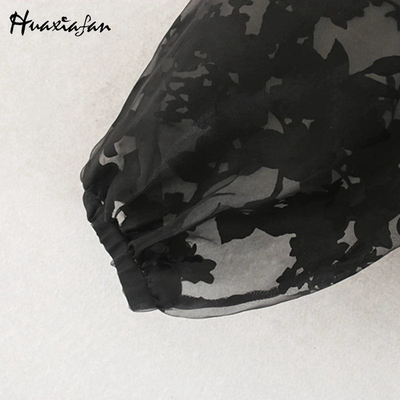 Huaxiafan рубашки из органзы с вышивкой, модные женские топы с воротником-бантом, женские элегантные футболки с пышными рукавами для женщин