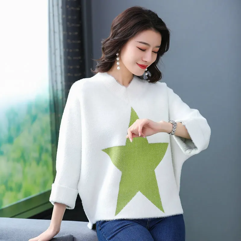 

Winter Autumn Woman Imitated Mink Wool Knitting Pullover Sweater Female Casual Star pattern Batwing Sleeve Knit Tops Women V-neck Knitwear