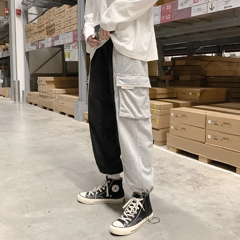 

Casual Pants Men Plus Size Hip Hop Streetwear Men's Trousers Side Pockets Baggy Male Joggers Fashion Patchwork Black Color Block